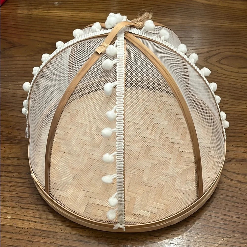 Bamboo‎ Food Covers with White Pom Poms